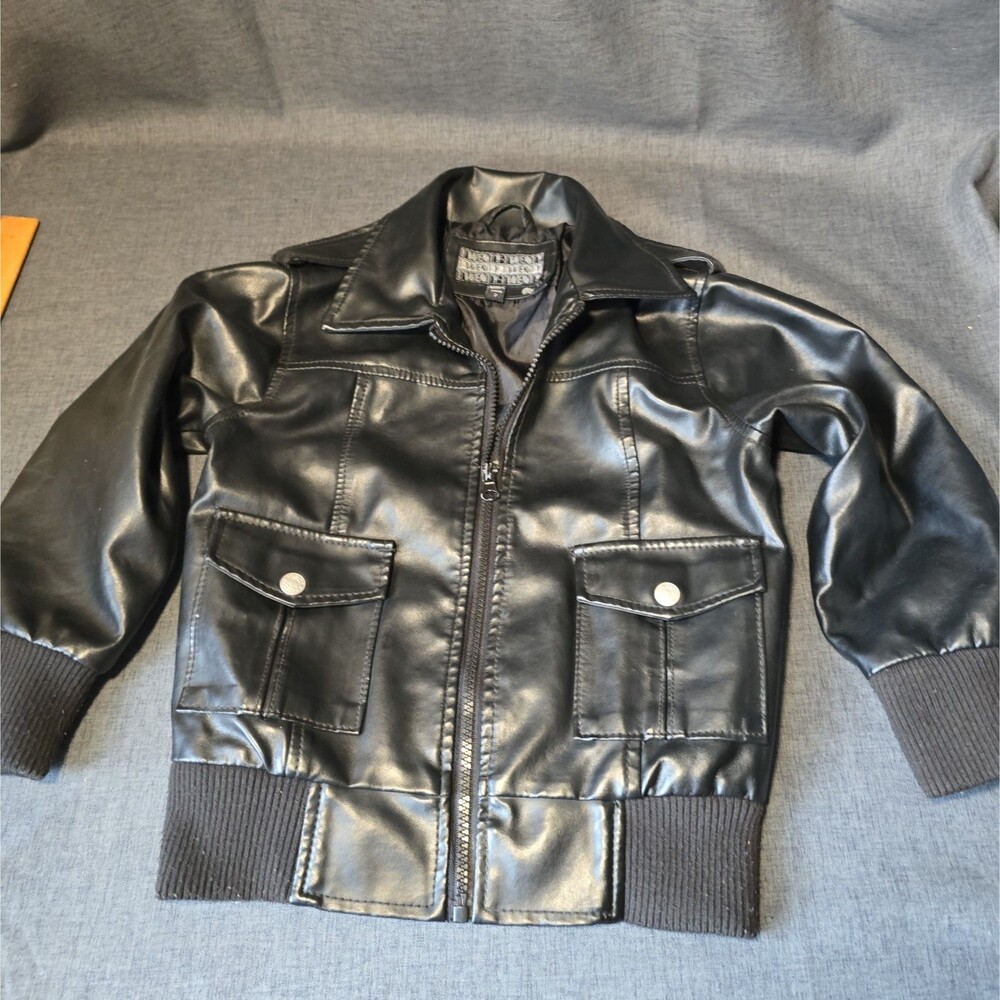 Kids Size 7 Faux Black Leather Bomber Jacket Y2K Stretchy Motorcycle